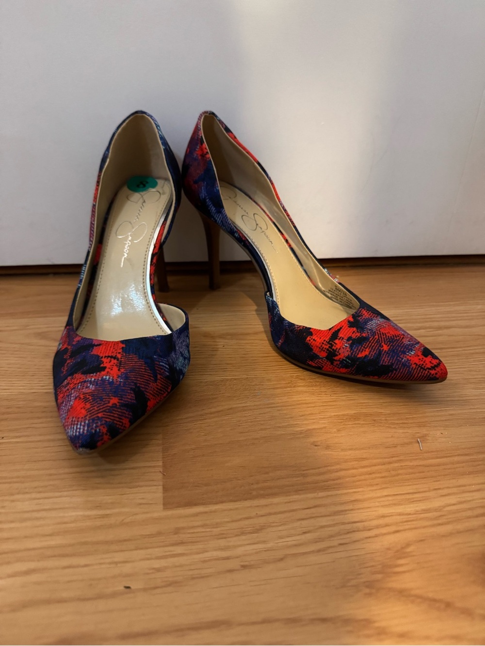 Jessica Simpson Red and Navy Printed Pointed-Toe Stilettos